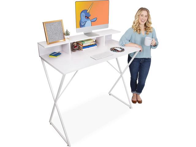 Joy Standing Desk Pretty Standing Desk with Shelf & Built-in Storage Cubbies Modern Stand Up Workstation Tall Desk & Reception Table for...