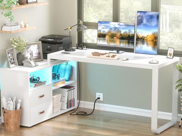 L Shaped Desk with Drawers, 55' Corner Computer Desk with File Cabinet, L-Shaped Desk with Power Outlets &LED Lights, Large Reversible Desk with...