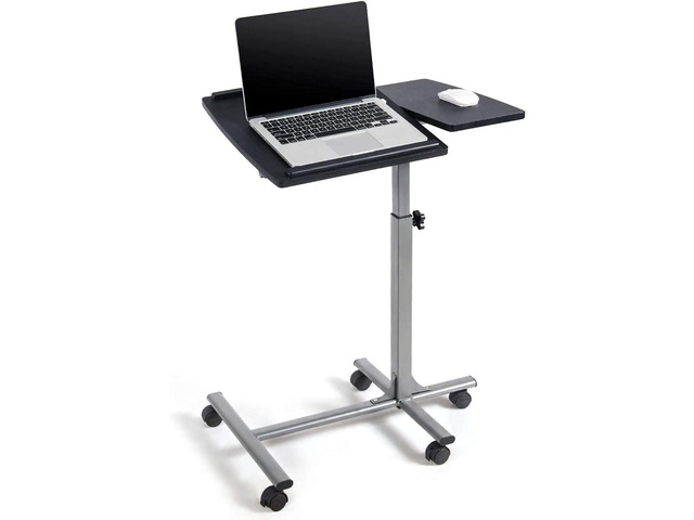 Overbed Laptop Desk, Mobile Laptop Stand with Tilting Tabletop, Rolling Height Adjustable Bedside Table with Mouse Pad Cup Holder