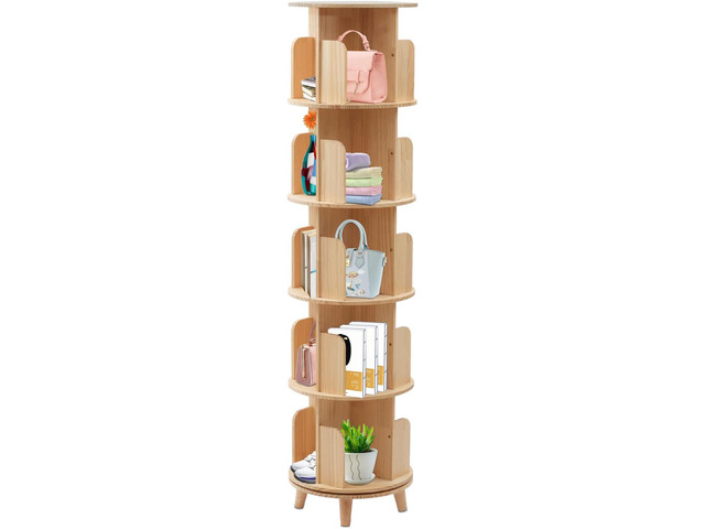 5 Tier 360 Rotating Bookshelf Brown with Legs, Wood Round Bookshelf, Swivel Bookcase, Multi-Functional Bookshelf Organizer, The Living Room Study...