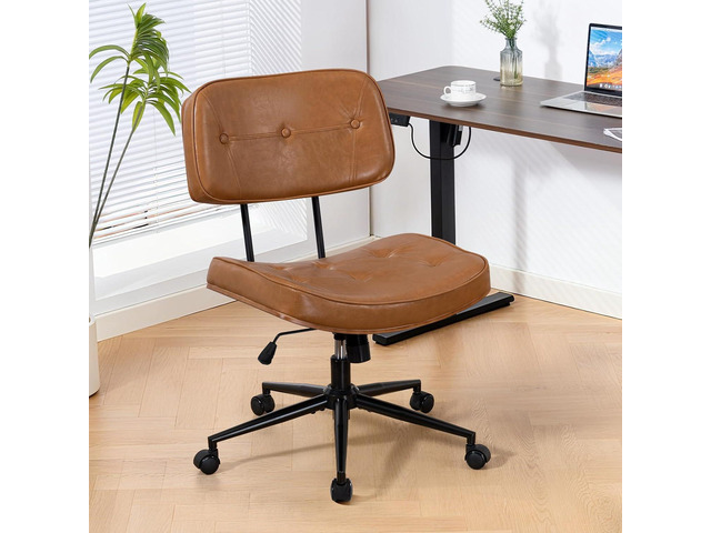 Armless Computer Chair, Small Desk Chair with Wheels and Adjustable Height, PU Leather Modern Swivel Walnut Task Chair for Home Office, Study,...