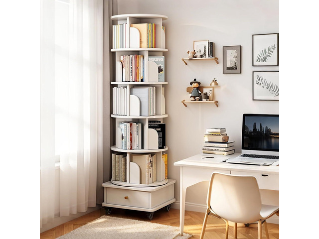 6 Tier Rotating Bookshelf Tower, 360Â° Revolving Bookcase with Wheels and Drawer, Round Spinning Book Shelf Kids, Small Corner Bookshelf for Living...