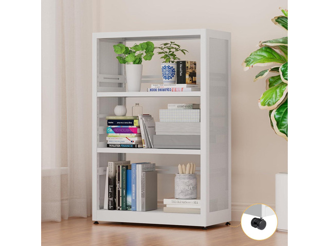 3-Tier Book Shelf, White Bookcase with Adjustable Shelves, Tall Metal Display Shelf with Wheels - Industrial Bookshelf for Kitchen, Living Room,...