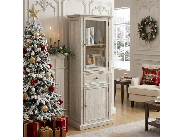 65' Tall Bookcase with Tempered Glass Door, Elegant Freestanding Display Cabinet with Drawer, Modern Wooden Kitchen Pantry Storage Cabinets for...