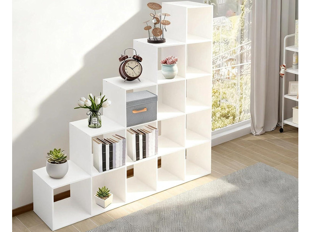 5-Tier Stepped Bookshelf Freestanding 15 Cubes Ladder Bookcase L Shaped Ladder Corner Open Bookshelf for Home & Office (White, 15 Cubes)