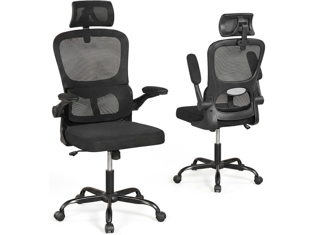 Ergonomic Mesh Office Chair, High Back Desk Chair w/Rocking Backrest, Lumbar Support, Adjustable Headrest & Flip-up Arms, Rolling Home Office Chair...