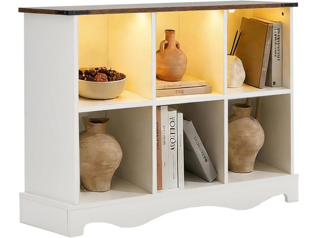 6 Cube Storage Organizer, Wood Cube Bookshelf with LED Lights, Horizontal 11 inch Storage Cubes, Kids Bookshelf, Display Cabinet Cubby Shelf for...
