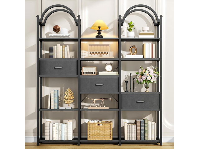 83.5' Tall Arched Bookshelf with 3 Drawers and 13 Storage Shelves, Industrial Open Book Shelf with Display Shelves, Large Etagere Bookshelf, Triple...