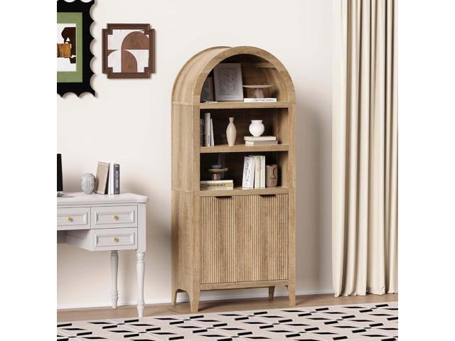 Arched Cabinet Bookshelf Arch Bookcase with Doors, Wooden Oak Curved Book Case 5-Tier Tall Round Top Bookshelves for Living Room