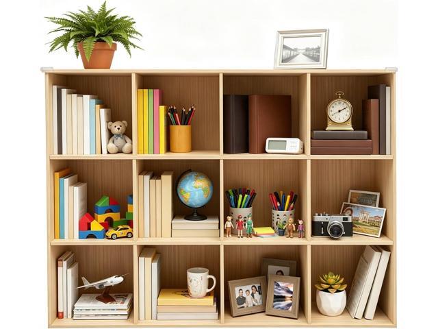 12 Cube Bookcase Storage Shelf Organizer - 3-Tier Floorstanding Solid Wood Cube Shelf Bookcase with Anti-Collision Corners, Versatile Horizontal or...