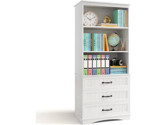 70'' Tall Bookcase with 3 Drawers Wooden Bookshelf with Storage Cabinet Multifunctional Book Storage Organizer for Office Living Room and BedroomWhite