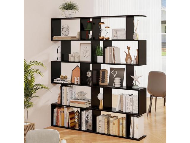 5 Tier Geometric Bookcase, S Shaped Bookshelf, Modern Decorative Storage Shelving, Wooden Room Divider Bookcase, 62.5' Tall Staggered Display Book...