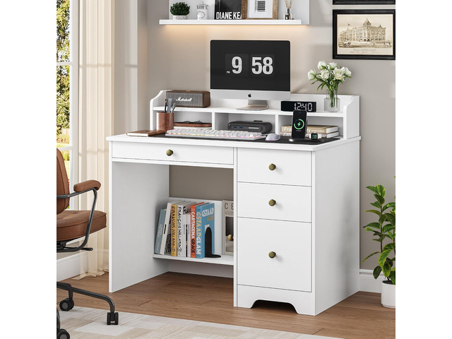 TTVIEW Computer Desk with Drawers and Hutch Shelf, Wood Executive Desk Writing Study Table with 43 Wide Tabletop, Small Desk with File Drawer for...