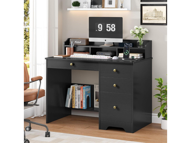 TTVIEW Computer Desk with Drawers and Hutch Shelf, Wood Executive Desk Writing Study Table with 43 Wide Tabletop, Small Desk with File Drawer for...