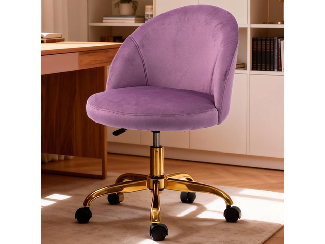 Pink Vanity Desk Chair Comfy with Back and Wheels,Velvet Rolling Office Chair for Vanity Makeup Room,Height Adjustable,360 Swivel (Purple)