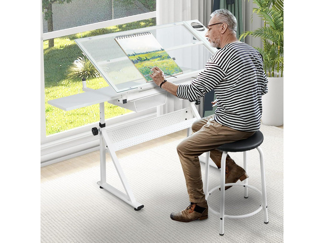 White Drafting Table Desk w/Stool, Painting Table Art Craft Desk Crafting Table with Tilting Tempered Glass Top, 2 Storage Drawers, Height Adjustable