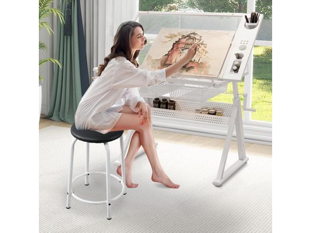 Drafting Table Desk w/Stool, Painting Table Art Craft Desk Crafting Table with Tilting Tempered Glass Top, 2 Storage Drawers, Upgraded Hand Crank...