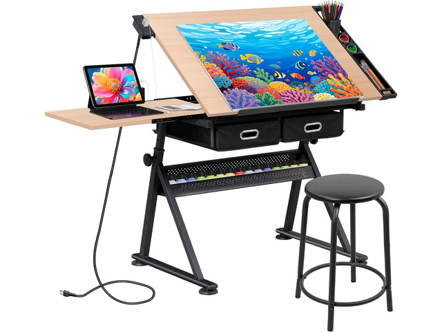 Drafting Table Art Desk w/Power Outlet and Stool, Adjustable Tilting Drawing Table Artist Desk with 2 Storage Drawers, Art Craft Work Station for...