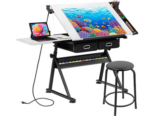 Drafting Table Art Desk w/Power Outlet and Stool, Adjustable Tilting Drawing Table Artist Desk with 2 Storage Drawers, Art Craft Work Station for...