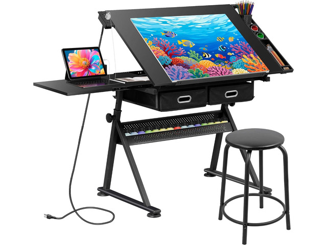 Drafting Table Art Desk w/Power Outlet and Stool, Adjustable Tilting Drawing Table Artist Desk with 2 Storage Drawers, Art Craft Work Station for...