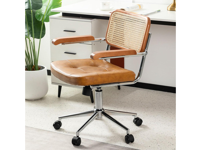 Rattan Office Chairs, Modern Rattan Desk Chair with Natural Back & Wood Armrest, Small Upholstered Tufted Leather Home Office Desk Chairs for Home...