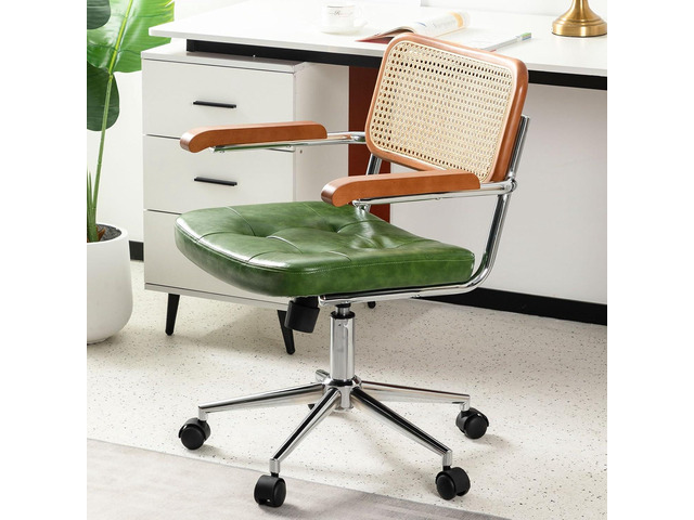 Rattan Office Chairs, Modern Rattan Desk Chair with Natural Back & Wood Armrest, Small Upholstered Tufted Leather Home Office Desk Chairs for Home...