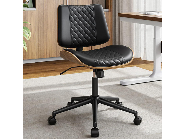 Armless Office Chair, Mid Century Modern Desk Chair with Walnut Wood Back & SGS Level 3 Gas Lift, Swivel PU Leather Computer Chair for Small Space,...