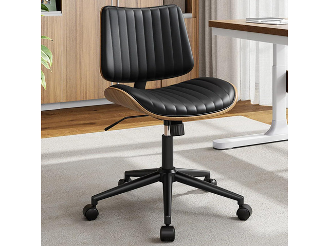 Armless Office Chair, Mid Century Modern Desk Chair with Walnut Wood Back & SGS Level 3 Gas Lift, Swivel PU Leather Computer Chair for Small Space,...