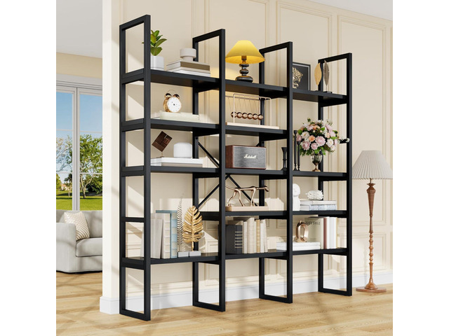 Large Bookshelf 5 Tiers, Triple Wide Geometric Bookcase, 71 Inches Tall Industrial Book Shelves Etagere Book Case, Sturdy Metal Frame, Freestanding...