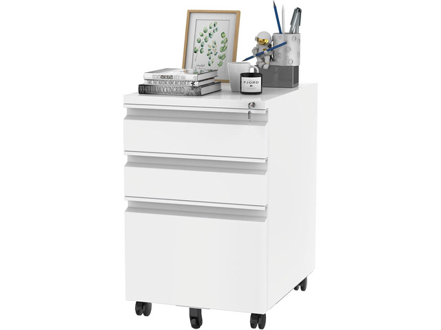 3 Drawer Mobile File Cabinet for Home Office Under Desk Storage, Filing Cabinet with Lock Keys, File Organizer Cabinet for Legal/Letter/A4 File, White