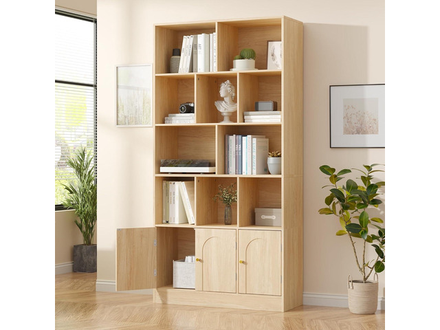 71' Tall Bookshelf with 10 Cubes and 3 Doors, 4-Tier Bookshelf, Open Shelf Bookcase with Cabinet, Modern Cube Storage Organizer for Living Room,...