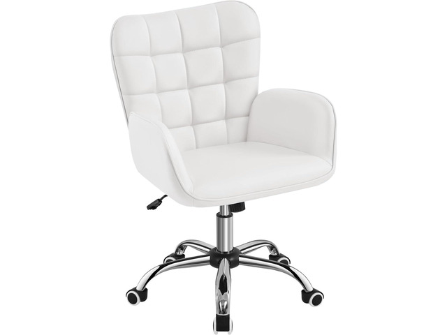 Modern Faux Leather Office Chair Ergonomic Adjustable Makeup Chair with Padded Armrests Big Seat for Office, Bedroom, Living Room, White