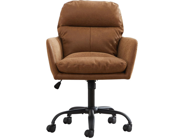 Adjustable Home Office Desk Chair with Comfy Square Mid-Back, Faux Leather 360 Swivel Upholstered Task Armchair with Wheels for Vanity...