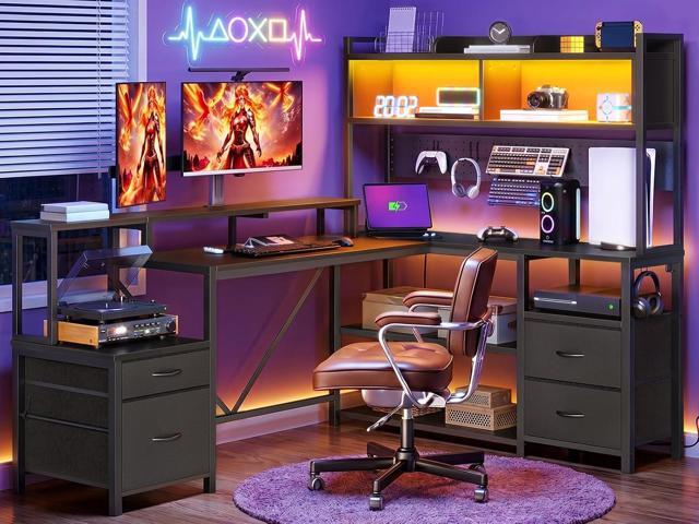 75' L Shaped Gaming Desk with Drawers, Computer Corner Desk with Storage Shelves for Home Office, Gaming Desk with Monitor Stand, Hutch, LED Light...