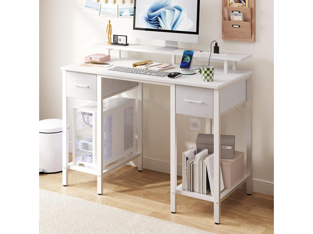 White Computer Desk with Drawers, 42 Inch Home Office Desk Study Writing Table, Gaming Desk with USB Power Outlets, Office Desk with Fabric Drawer,...