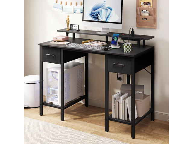 Black Computer Desk with Drawers, 42 Inch Home Office Desk Study Writing Table, Gaming Desk with USB Power Outlets, Office Desk with Fabric Drawer,...