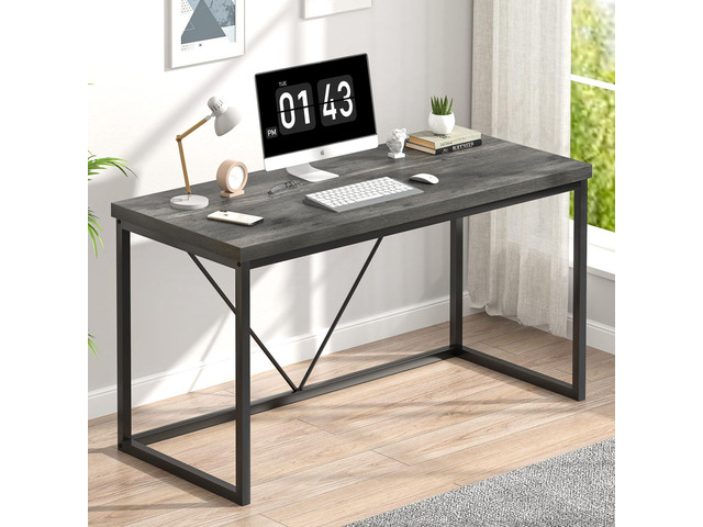 Modern Computer Desk, Small Home Office Desk, Wood and Metal Writing Study Table Workstation for Bedroom Living Room, Rustic Grey, 47 inch