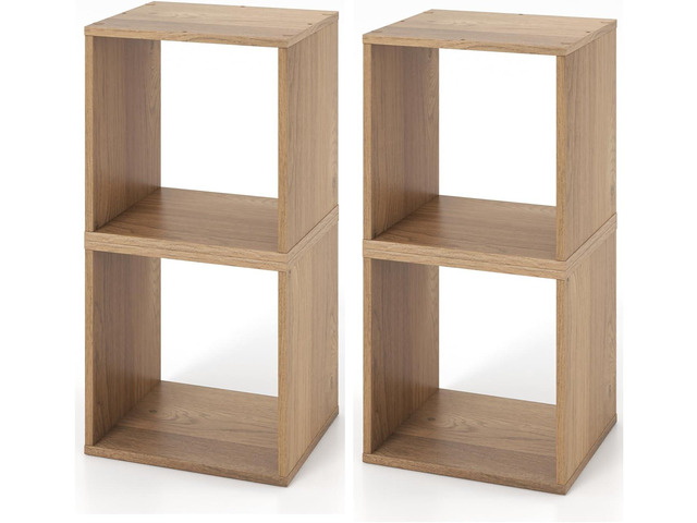 4 Cube Bookshelf Organizer, 2-Tier Stackable Cube Storage Organizer, Small Wooden Open Book Shelf with Anti-toppling Device, Wood Floor Standing...