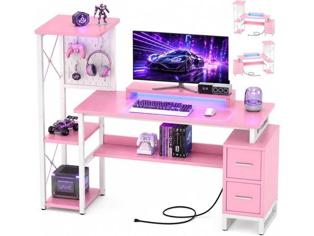 Computer Desk with 2 Fabric Drawers - Reversible Home Office Desk with Power Outlet & LED Lights, 53' Writing Desk with Monitor Stand & Storage...