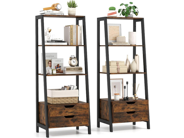 4-Tier Ladder Shelf with 2 Drawers, 52.5' Tall Freestanding Bookcase with Sturdy Metal Frame, Shelving Unit Display Rack with Storage for Living...