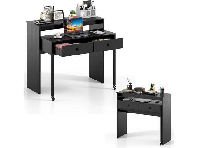 Small Computer Desk with Hutch & Drawers, Extendable Writing Desk w/Pull Out Secondary Table, Monitor Stand & Rolling Wheels, Console Table,...