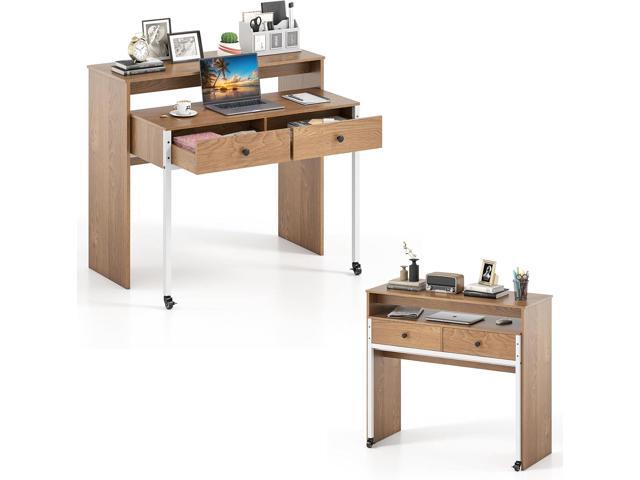 Small Computer Desk with Hutch & Drawers, Extendable Writing Desk w/Pull Out Secondary Table, Monitor Stand & Rolling Wheels, Console Table,...