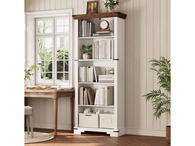 5-Tier Farmhouse Bookshelf, 61.1 inch Tall Bookcase with Storage & Unique Design & One Adjustable Shelf, Wooden Bookshelf for Study Room, Living...