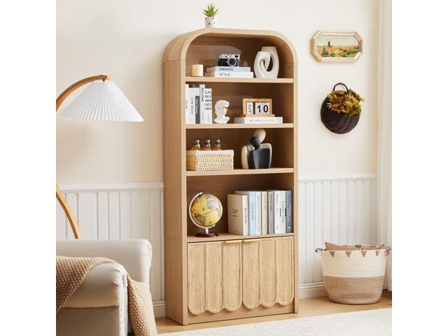 70' Tall Arched Bookshelf with Storage Cabinet, Modern 4-Tier Wood Bookcase with Scalloped Doors & Gold Handles, Open Display Shelves for Living.