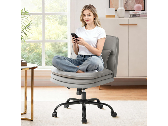 Criss Cross Legged Office Chair with Wheels, Armless Extra Wide Seat Swivel Desk Chair, Adjustable Height Comfy Task Chair with Thick Cushion for...