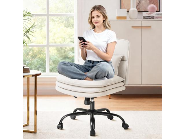 Criss Cross Legged Office Chair with Wheels, Armless Extra Wide Seat Swivel Desk Chair, Adjustable Height Comfy Task Chair with Thick Cushion for...