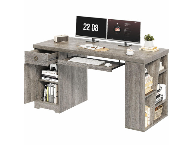 55' Office Computer Desk with Drawers, Farmhouse Grey Executive Desk with Storage Shelves and Cabinet, Modern Wooden Computer Table Teacher Desks...