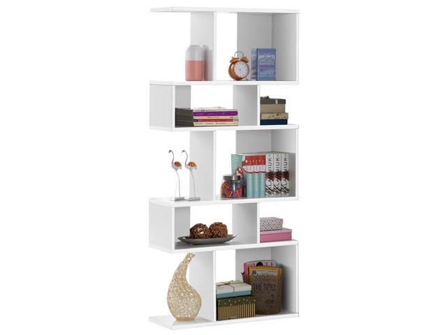 5-Tier Geometric Bookshelf White, 70'' Tall Wood Freestanding Decorative Display Open Shelves with Anti-Tipping Device, Each Shelf Holds up to 44...