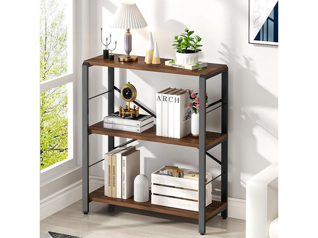 Small Bookshelf, 3 Tier Rustic Book Shelf with Storage, Industrial Low Short Bookcases for Office, Bedroom and Living Room, Rustic Walnut