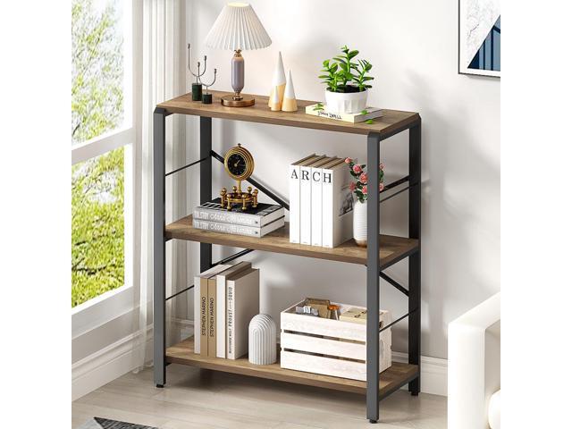 Small Bookshelf, 3 Tier Open Book Shelf, Rustic Wood and Metal Shelving Unit for Small Space, Oak
